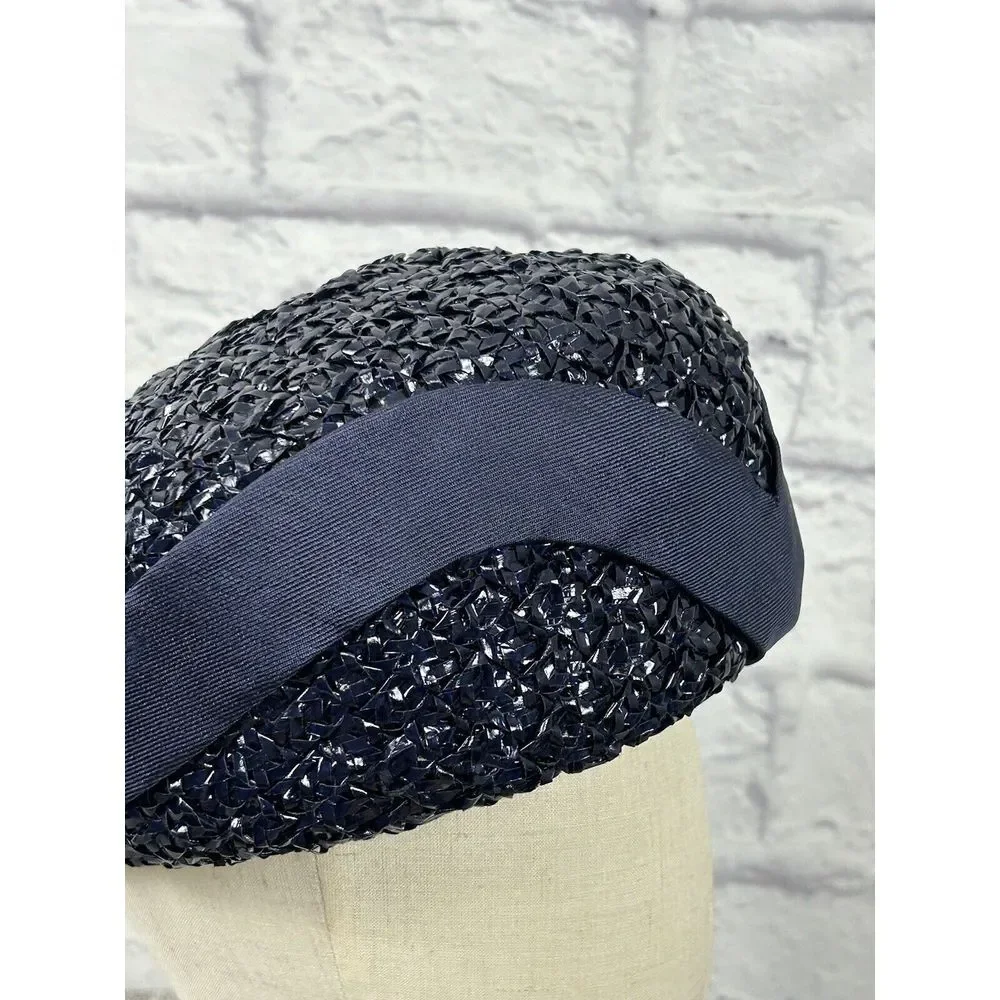 Vintage Trebor 1950s Lacquered Raffia Woven Hat Turban Bubble Navy Blue With Box